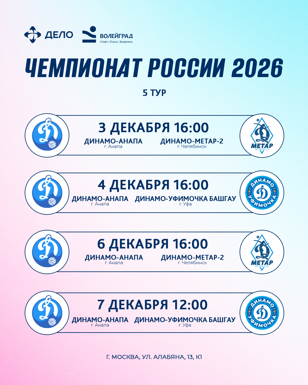 Расписание 5 тура Чемпионата России Высшей Лиги «А» 